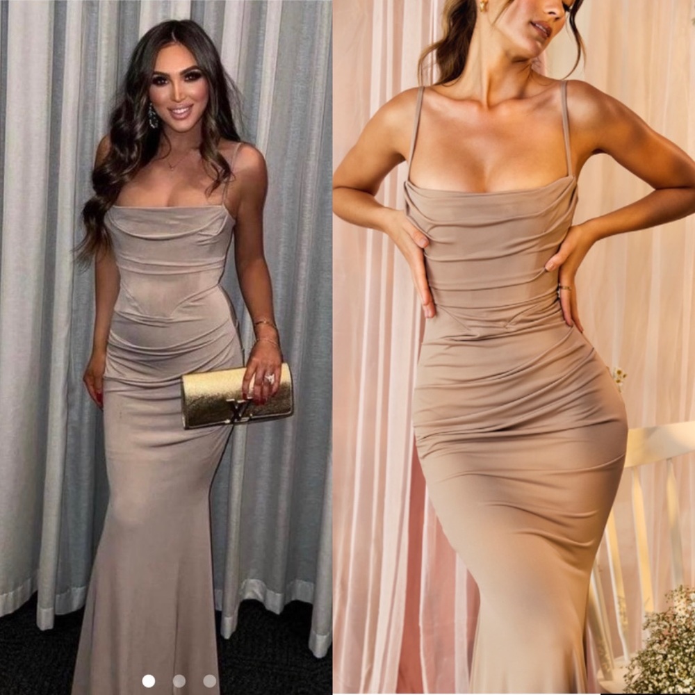 House of CB Milena ALMOND JERSEY CORSET MAXI DRESS size large nwot